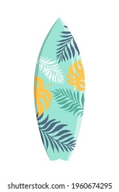 Vector surfboard in tropical design with palm and monstera leaves on a white background. Vector illustration for icon, logo, print, icon, card, cover, bags, case, invitation, emblem, label