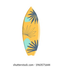 Vector surfboard in tropical design with palm and monstera leaves isolated on a white background. Vector illustration for icon, logo, print, icon, card, cover, bags, case, invitation, emblem, label