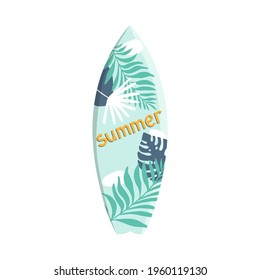 Vector surfboard in tropical design with text summer on a white background