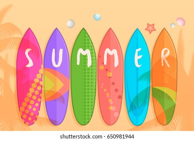 Vector surfboard under palms shadows set isolated on sand beach background. Cartoon vector illustration. Summer poster.