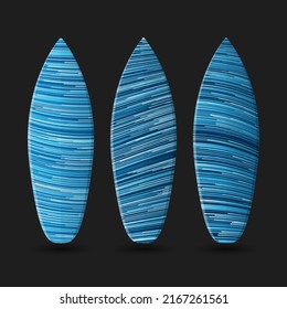 Vector Surfboards Design with Abstract Blue Curving, Wavy Stripes, Geometric Shapes Pattern