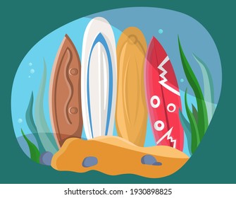Vector surfboards standing on the sand. Colorful boards for swimming with bright summer mood. Surfing in the ocean. Beach, riders, tropical lifestyle, illustration, isolated. 