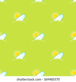 Vector surfboards and sun seamless pattern in modern flat design. Sunny surfing and beach background