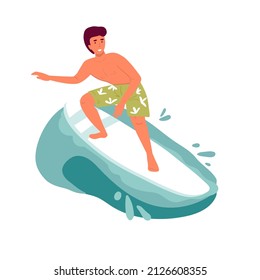 vector surfer character with surfboard standing and riding on ocean wave. flat isolated on white