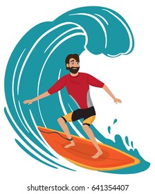 vector surfer character in wetsuit with surfboard standing and riding on ocean wave.