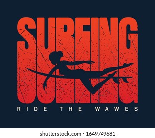 Vector surfer girl and text Surfing ride the wawes. Dark blue background.