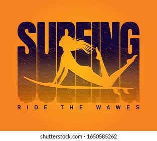 Vector surfer girl and text Surfing ride the wawes. Yellow background.