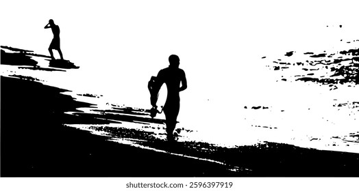 Vector of a surfer with his board under his arm looking at the sea and the waves and a swimmer coming out of the water
