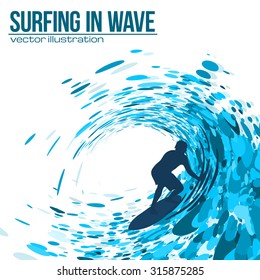 Vector surfer silhouette in blue wave