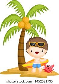 a vector of a surfer standing below a coconut tree