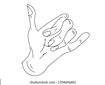Vector surfer's hand sign isolated on white background. Doodle drawing. Hand-drawn gesture. Shaka hand vector sign. Logo for surfing club. Summer concept.