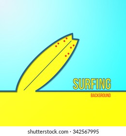 Vector surfing background with sand and sky in modern flat design. Sunny beach with surf board promotional design.