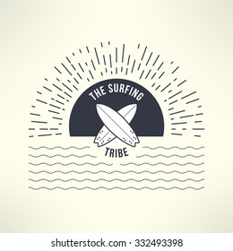 Vector surfing background with sun and waves. T-shirt surfboard graphic design. Inspirational sports background.
