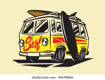 Vector surfing badge. Beach surfer bus emblem