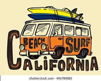 Vector surfing badge. Beach surfer bus emblem
