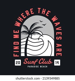 Vector surfing badge with the beach view illustration. For t-shirt prints and other uses.