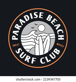 Vector surfing badge with surfboards and beach view illustrations. For t-shirt prints and other uses.