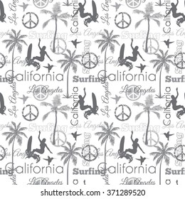 Vector Surfing California Gray Seamless Pattern Surface Design With Surfing Women, Palm Trees, Peace Signs, Surf Boards.