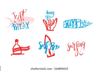 Vector surfing club logos in grunge hand drawn style. Hipster surf symbols with fish, surfboard, shaka