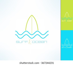 Vector surfing company label logo made in modern clean and bright design. Surf and wave tshirt print. Surfboard design emblem