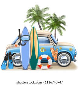 Vector Surfing Concept with Blue Car isolated on white background