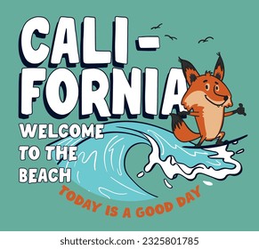 vector surfing cute fox illustration