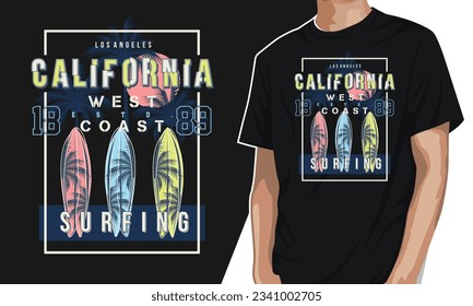 Vector surfing design California west coast beach design on summer theme with palm tree background shirt design editable template