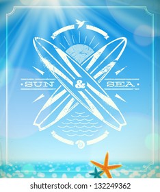 Vector surfing grunge vintage emblem against a summer sunny seascape