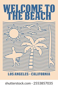 Vector surfing illustration in silhouettes. Welcome to The Beach surfing typography. T-shirt printing