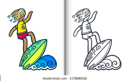 Vector surfing illustration with surfer on wave in doodle style. Coloring book pages with clear lineart and colored sample.