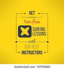 Vector surfing lesson ad flyer with lettering design. Surf class advertising design element.