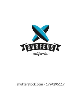 Vector surfing logo with surfboards. Surfing shop emblem with white background