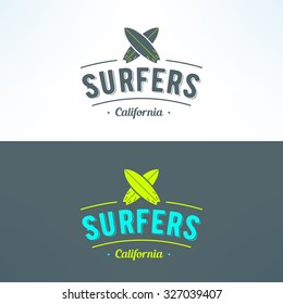 Vector surfing logo with surfboards. Surfing shop emblem. T-shirt print. Surf trip badge or banner.