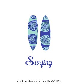 Vector surfing logo with surfboards. Surfing shop emblem. Surf trip badge or banner.