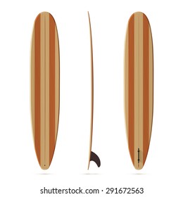 Vector surfing longboard all sides view with wooden texture