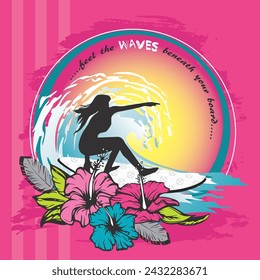 Vector surfing print. Artwork features pink and blue hibiscus flowers, green leaves, large waves, text and a surfer silhouette on a pink background. Apparel graphic artwork.