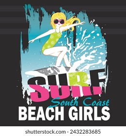 Vector surfing print. Artwork features a surfer girl with sunglasses riding a wave, tropical flowers and surf text on a black background. Apparel graphic artwork.