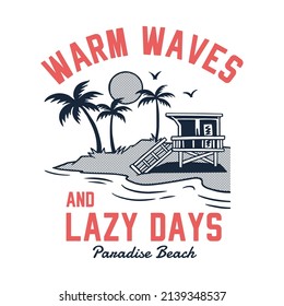 Vector surfing print with a beach view illustration. For t-shirt prints and other uses. Warm waves and lazy days