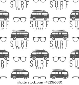 Vector Surfing Seamless pattern with surfing glass. Surfer van, glasses elements. Surfing rv wallpaper printing design. Surfing combi. Summer print, background texture. Surf vacation trip. Silhouette.