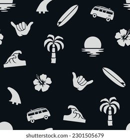 Vector surfing seamless pattern. Repeat pattern with surfboards, palm trees, waves and surfing van illustrations.