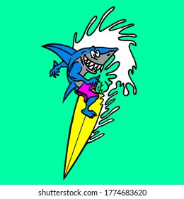 Vector Surfing Shark Art Illustration
