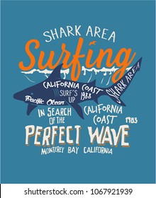 vector surfing and shark illustration and  shirt print