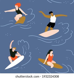 Vector surfing sport seamless pattern. Surfing people on the surf boards catching waves in the sea. Summer beach seamless pattern.