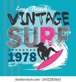 Vector surfing theme print. Artwork features vintage surf text with surfer silhouette and waves on a blue background. Apparel graphic artwork.