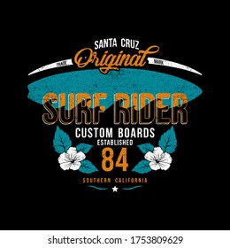 vector surfing themes with typography, surfboard and flowers, surf rider, surfing vector art