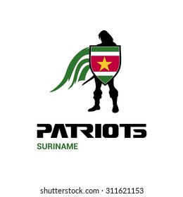 Vector Suriname Flag Patriots Soldier Logo. Mascot Character Design. Memorial Day Army man with Shield. Vector Freedom Leader Logo illustration