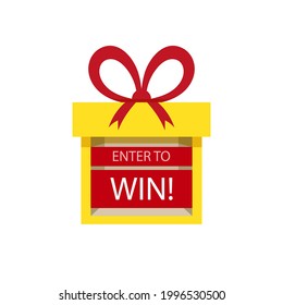 Vector Surprise Box, Enter to Win Prizes, Gift Box with Bow, Yellow and Red Colors.
