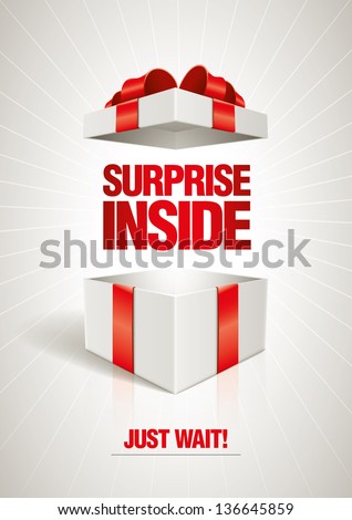 Vector surprise inside open gift box design template. Elements are layered separately in vector file.