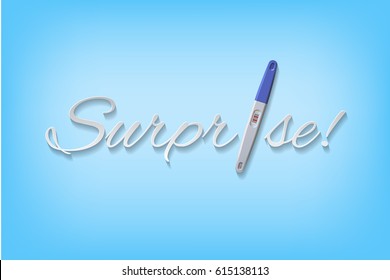 Vector Surprise word with blue positive pregnancy test.