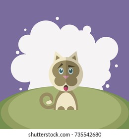 Vector surprised cat on a background of white circles in the style of a flat